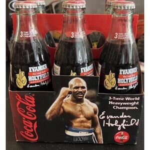 (6) Vintage 1996 Evander Holyfield 8 oz Coca-Cola Bottles with Cardboard Carrier
